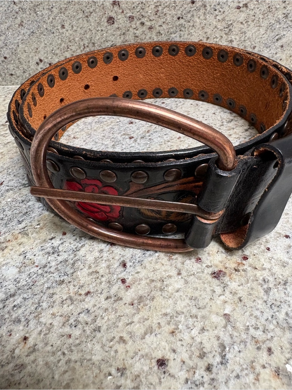 Streets Ahead Black Leather Belt with Red Rose Detail and Copper Buckle